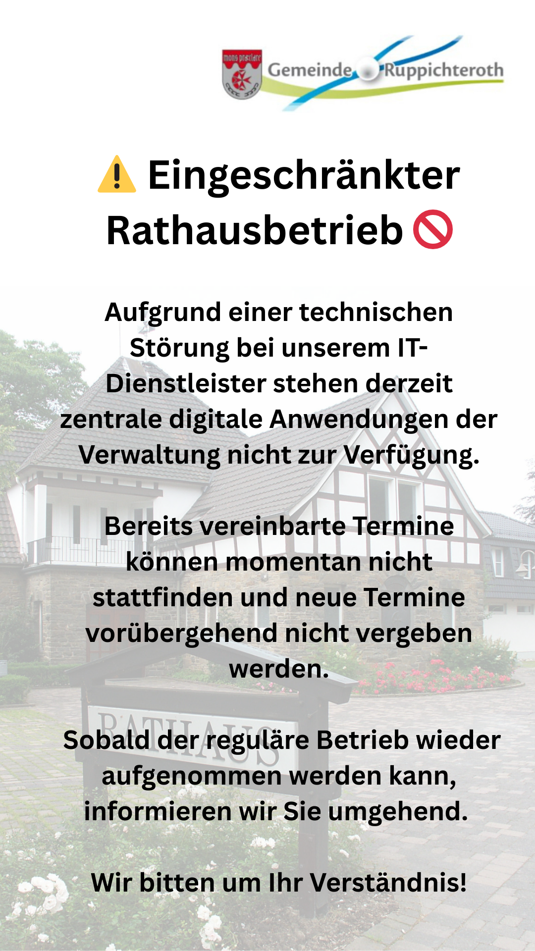 ⚠️ Eingeschränkter Rathausbetrieb Aufgrund einer technischen Störung bei unserem IT-Dienstleister stehen derzeit zentrale digitale Anwendungen der Verwaltung nicht zur Verfügung. Dies betrifft insbesondere die Terminvergabe sowie die Bearbeitung von - 1